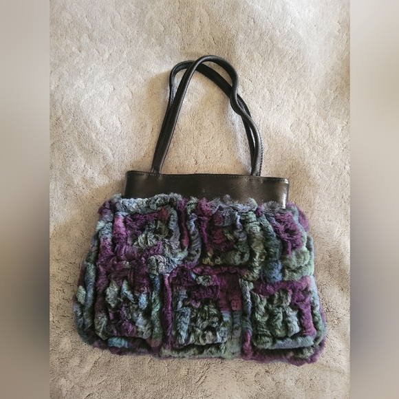 Vintage Rabbit Fur & Leather Handbag / Shoulder Bag, EUC, Purple Blue Green - Picture 2 of 4
